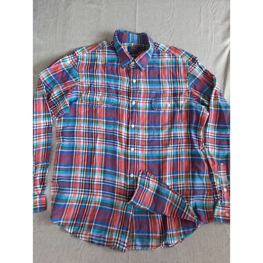 Polo Ralph Lauren Men XL Custom Fit Plaid Western Linen Button Shirt LongSleeve‎